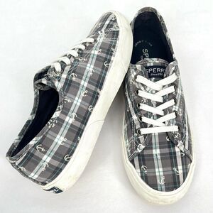 Sperry Pier View Anchor Plaid Gray Blue White Canvas Laced Slip On Sneakers 7.5